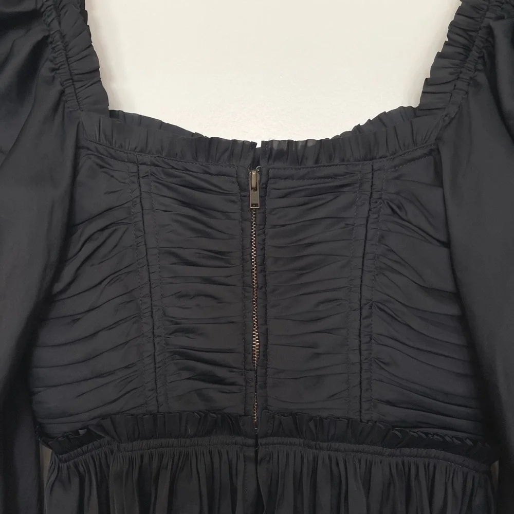 Ulla Johnson Mia Blouse Sz 0 Black Plisse Satin Bustier Puff Sleeve Pleated Sexy